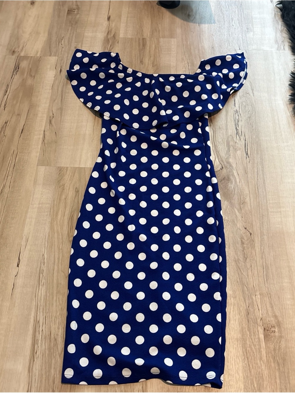 Off-Shoulder Navy Polka Dot Midi Dress